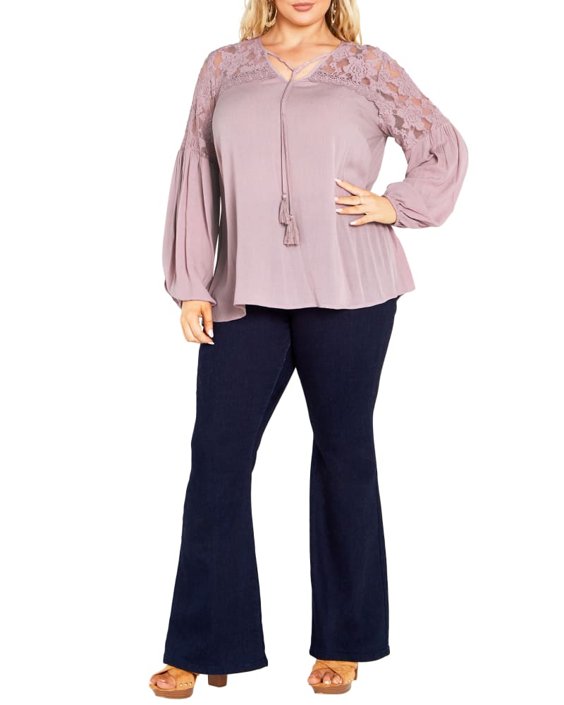 Front of a model wearing a size 18 TOP MARCIA LACE in Mauve by avenue. | dia_product_style_image_id:318103